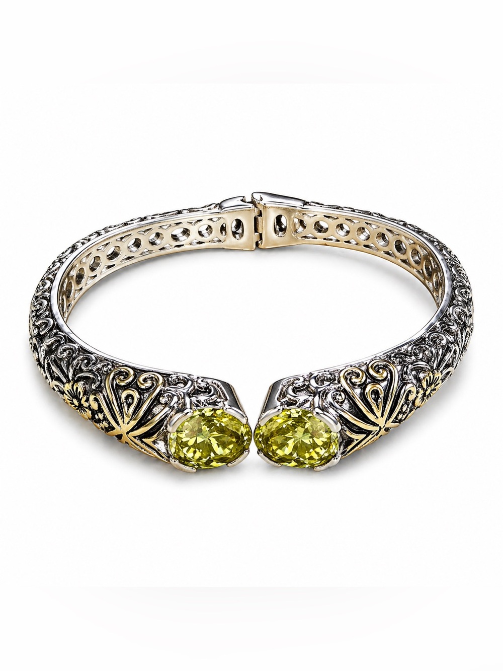 NEW Bali Two-Tone Silver & Gold Filigree Hinged Bangle Bracelet Faceted Peridot